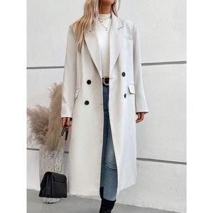 preppy minimalist Lapel collar Double Breasted long peacoat pea coat cream